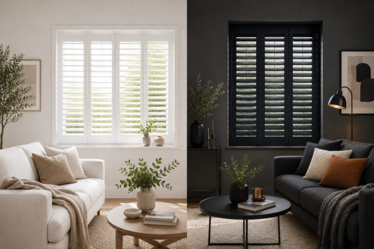Split-screen living room: left bright, white-sofa interior with white window shutters and greenery; right moody, dark-toned space with black shutters and dark sofa.  Totally Shutters  Totally Shutters